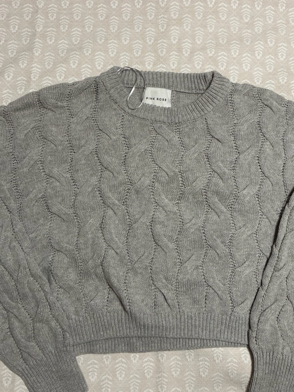 Pink Rose Gray Cable-Knit Crewneck Sweater
